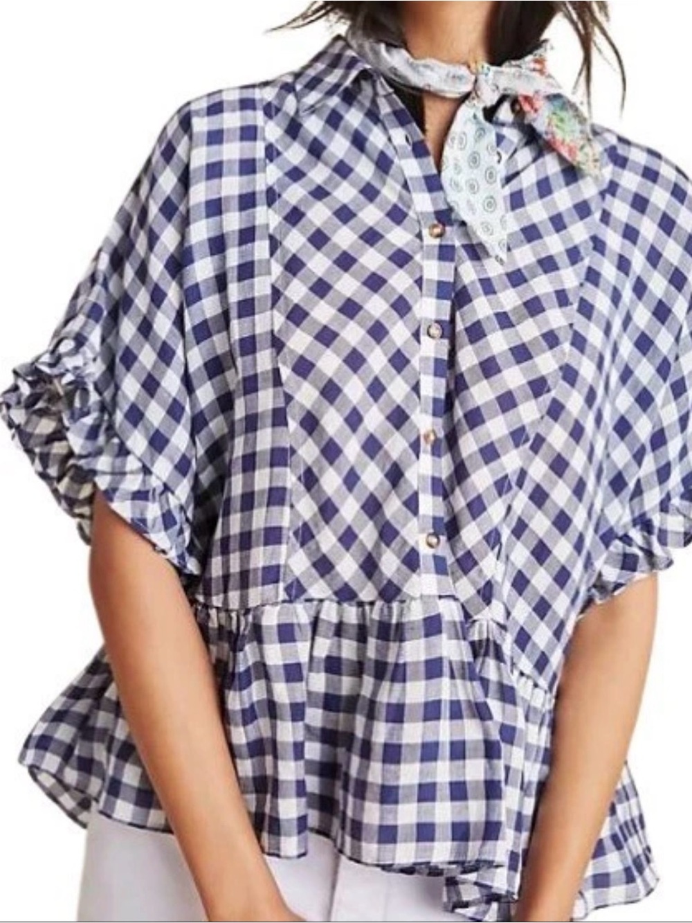 Anthropologie Maeve Womens Blouse Top Blue Gingham Flounced Small